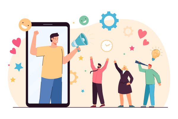 Blogger on phone screen attracting new followers. flat vector illustration. Man with loudspeaker promoting new products and services, engaging audience. SMM, influencer marketing concept
